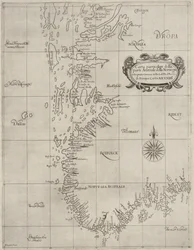 Karte aus der Kartensammlung der Nationalbibliothek. Die Karte wurde um 1647 veröffentlicht und zeigt Südnorwegen, Küste, Seekarte